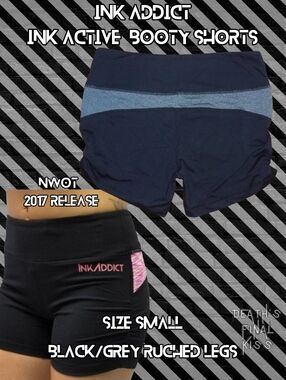 INK ADDICT black GREY Active booty shorts roller derby S RARE tattoo model sexy